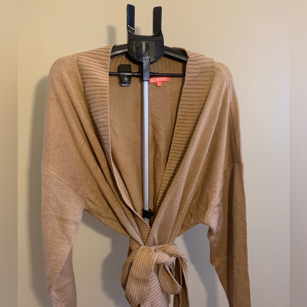 Hunter McGrady camel colored belted cardigan.